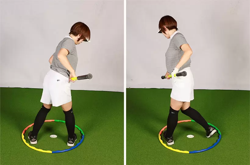 アドレスでは左腰が9時、右腰が3時。バックスイングでは右腰が4時半。左腰は最終的に8時の方向を指すくらい回る。これがバランスよくできればウエイトシフトは適正になされている。