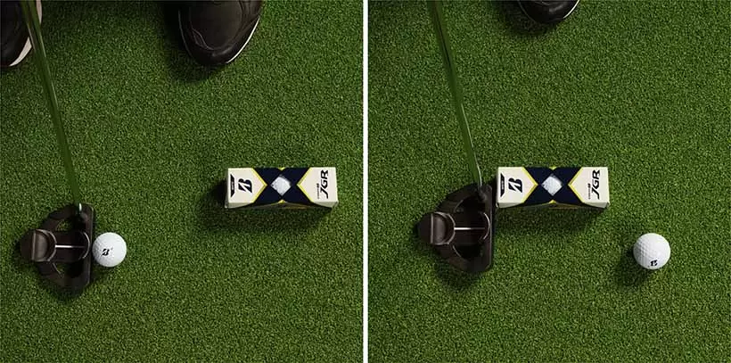 フォローサイドに置いたスリーブケースにヘッドが当たらないようにして長い距離を打てればヘッドは効果的に加速している。