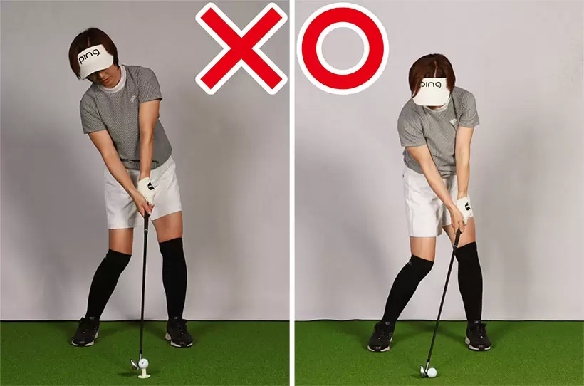 ティアップが高いとインパクトに向けてヘッドが下から入るスペースができてしまう。ダウンブローに打つには芝の上から打つイメージが必要だ。