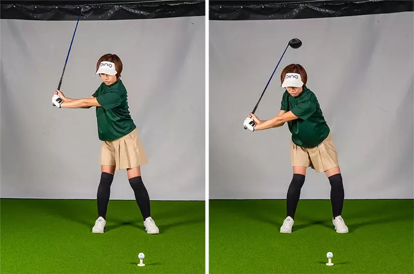 クラブが上がっていく途中のタイミングで腰を左に回す。例えば写真のように、腕が地面と平行になったあたりで腰を回せば結果的にハーフスイングになる。