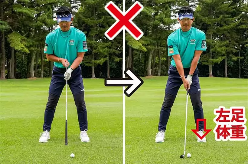 左寄りに置いたボールに対してカラダを真っすぐにすると左足体重になりやすい。