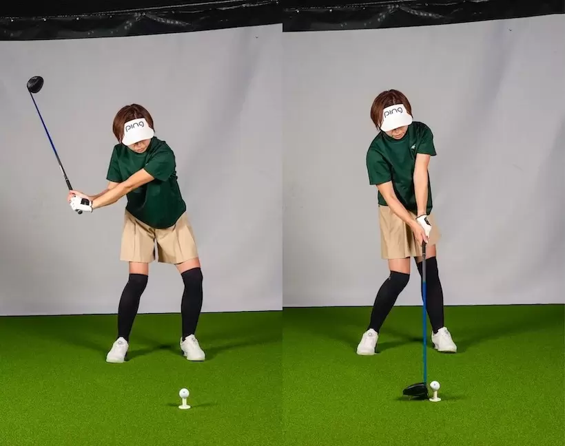 切り返しで一瞬前に出た左ヒザを引いて伸ばすことで、左腰が後ろに引けて体がクルッと回転する。