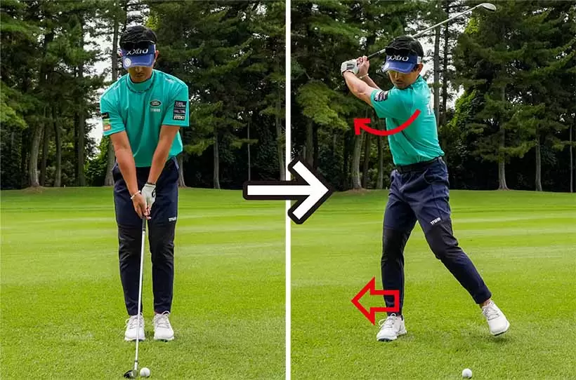 両足を揃えた体勢から右足を後方に踏み出してカラダを大きく回す。