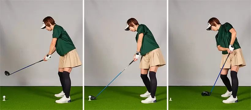 ヘッドがアウトサイドから下りてインサイドに入るアウトサイドインのスイング軌道がトゥ側に当たる原因。