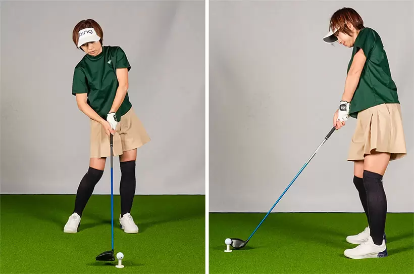 ボールの近くに立ってもアウトサイドインは変わらない。インパクトで詰まったり、体が伸びてトゥヒットが助長される。