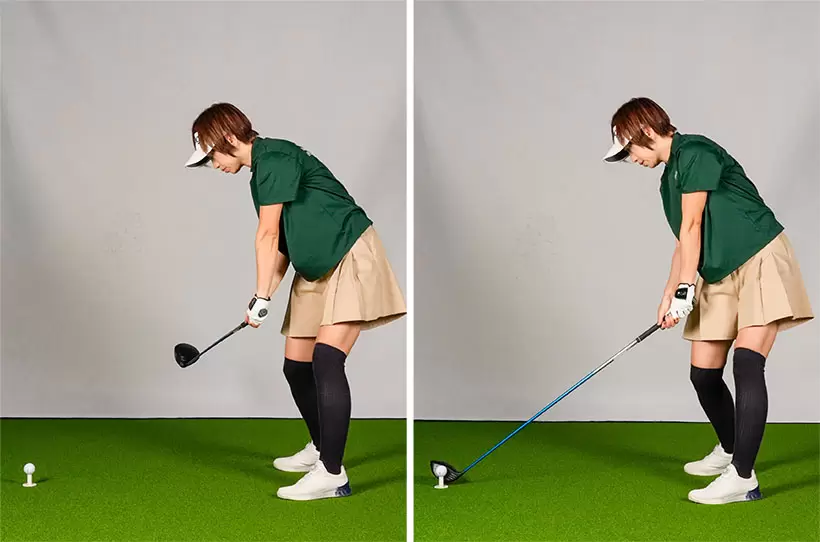 ヘッドをインサイドから下ろすのがポイント。ボール位置はそのままでインから下りればトゥ側には当たらない。