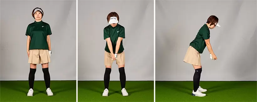 真っすぐ立った状態から骨盤を前傾させ、軽く胸を起こして両腕を真下にダランと垂らす。これが理想の前傾姿勢になるので、普段からやっておこう。