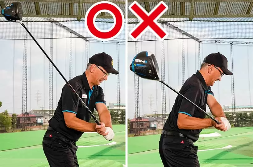 左肩が早く開かなければクラブが正しい軌道に乗りやすい（左）。左肩が開くとクラブが寝てリリースのタイミングがズレてしまう（右）。