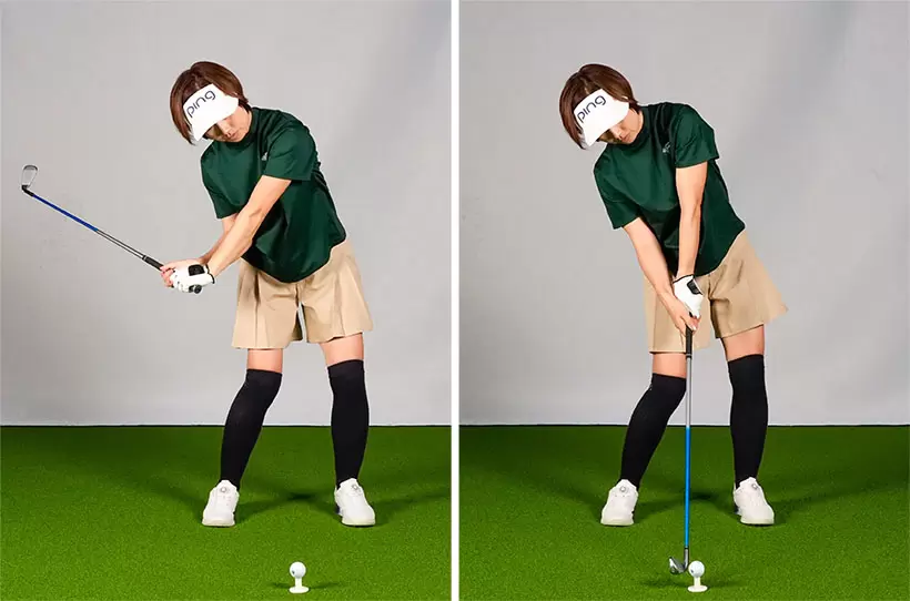 高めにティアップしてもボールに対して下からヘッドを入れようとするため、右肩が下がってしゃくり上げるスイングになる。