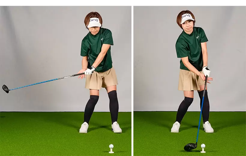 ボディターンだけで打つ、あるいはフックグリップでも腕が右にねじれたままだとインパクトでフェースが開いてスライスする。