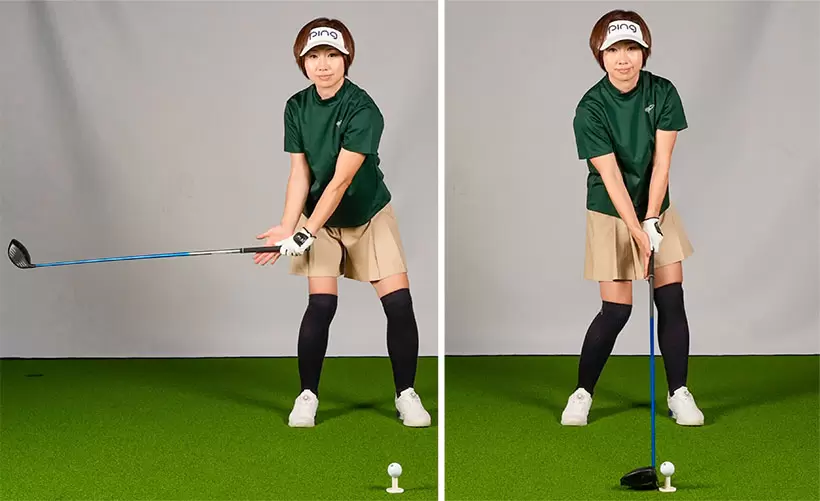 ダウンスイングではインパクトで右手のひらを目標方向に向けるイメージで右腕をねじり戻す。