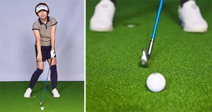 素振りをする時はフェースターンを意識。ボールのあたりでターゲットラインに対してフェースがスクエアになるようにスイングする。