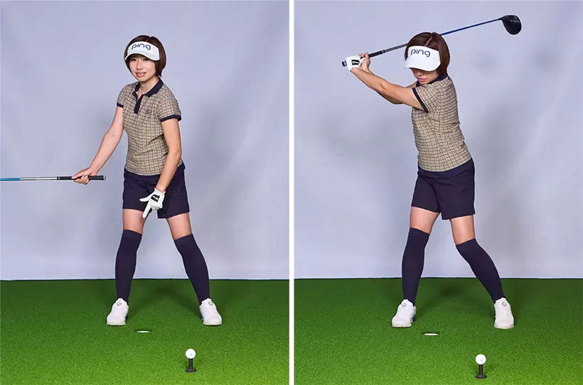 上と下が引っ張り合う関係を作るには始動で下半身を動かす必要がある。始動で右足を踏み込み、その瞬間に左に腰を引っ張るイメージで動く。