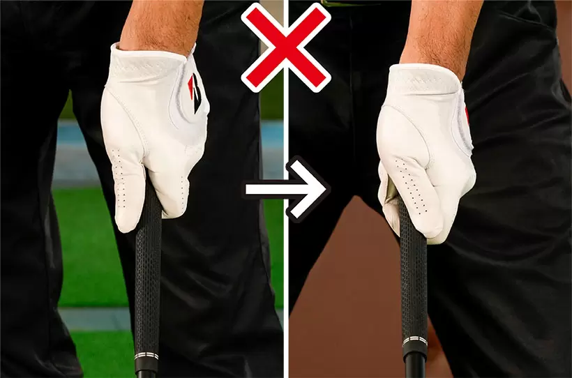 左手親指がグリップに正しく乗っていないとトップが安定しない。