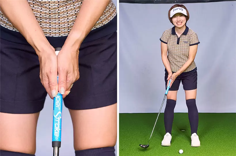 両手でパターを挟むようにして同じ高さで握るとグリップが支点になり振り子のイメージでストロークできる。