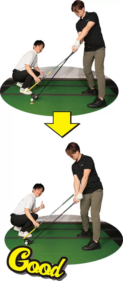 （写真上）インパクトでも両腕が浮いてシャフトが立っている（写真下）インパクトでのシャフトの角度はアドレスと同じがいい！