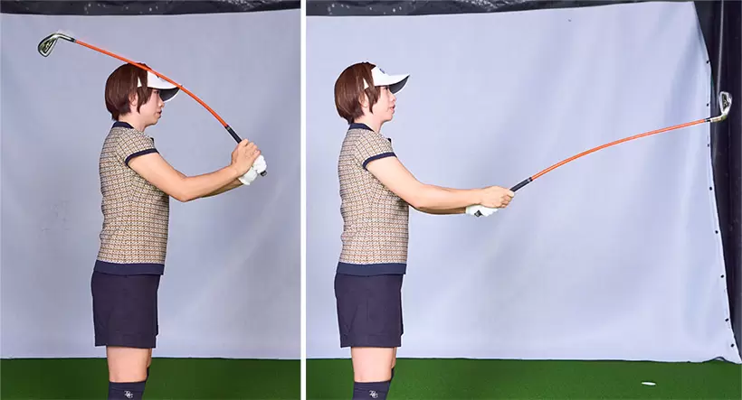 軟かいシャフトを使う際には、釣竿でキャスティングする時のように一定のタイミングで手を止め、先端が戻ってくるのを待ってあげなければならない。