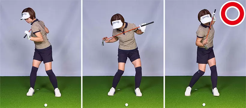 イメージすべきは右回りのスイング。切り返しから右回りにクラブを下ろすことで間ができて胸が開かない。左回りになると右肩が前に出て胸が開くため間が作れない。