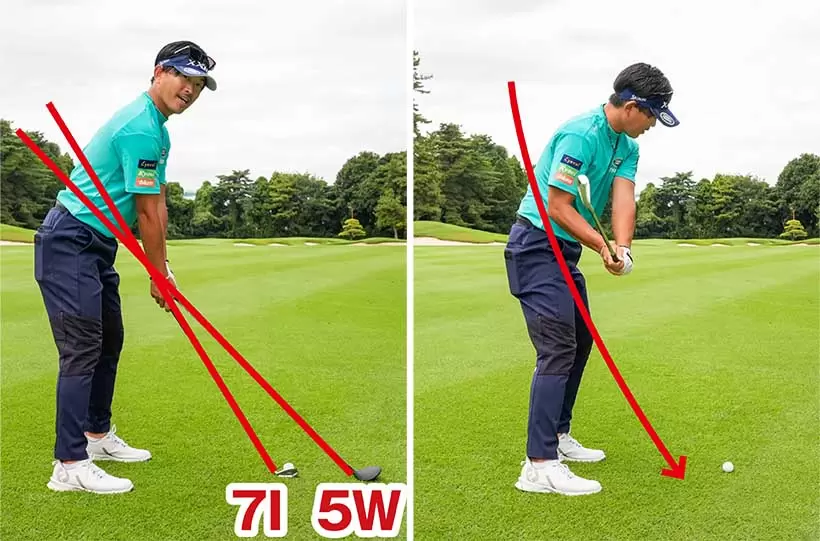 アイアンはフェアウェイウッドよりもスイング軌道が縦型に近くなり（左）、自然にダウンブロー感覚が強まる（右）。
