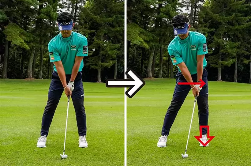 最初にアドレスの体勢から左足体重のハンドファーストの体勢を作る。