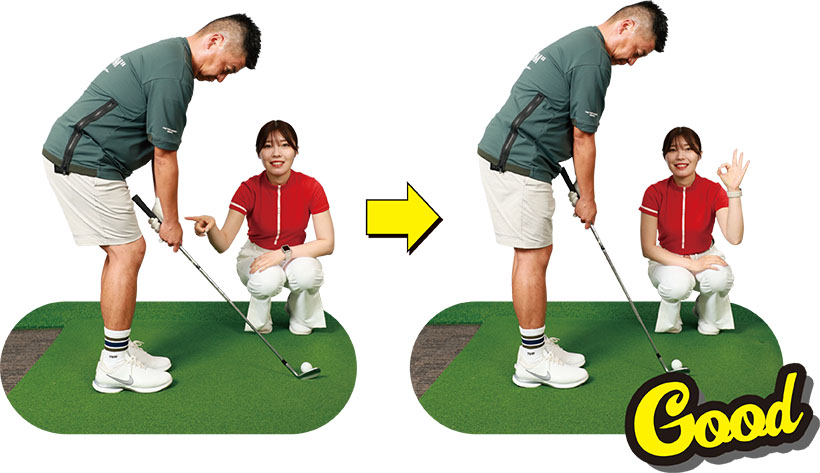 （写真左）手元を下げたアドレスだと手首に角度がつきすぎてしまい背屈の動きの原因に（写真右）手元を下げすぎないように親指から腕、手首までの高さを揃えるように構えましょう