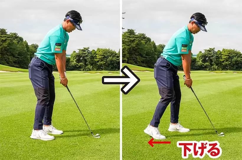 スクエアに構えた体勢から右足を後ろに引いてツマ先立つ。左足だけで立つ体勢だ。