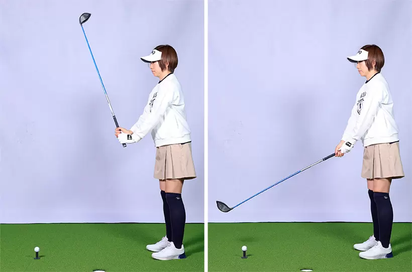 ダウンスイングでクラブスピードを上げるには、支点となるグリップを引っぱるように下ろすとクラブの重さで勝手にスピードアップする。