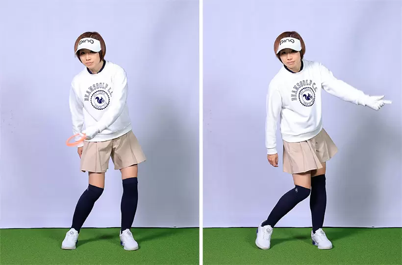 ダウンスイングでは腕を振ることも不可欠。フリスビー投げるようなイメージで左手を振るのがポイントだ。