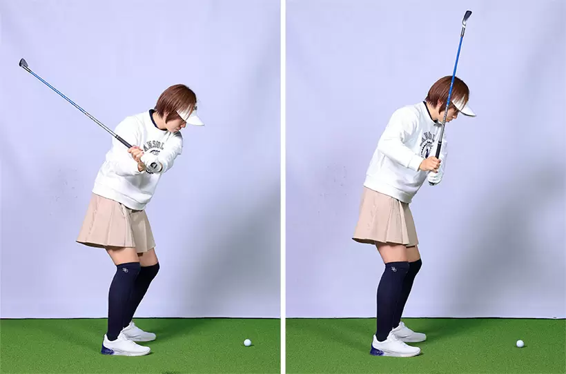 右回りのスイングができるとクラブが寝る。そのタイミングで止まって見えることも。逆に左回りだと絶対に止まって見えない。