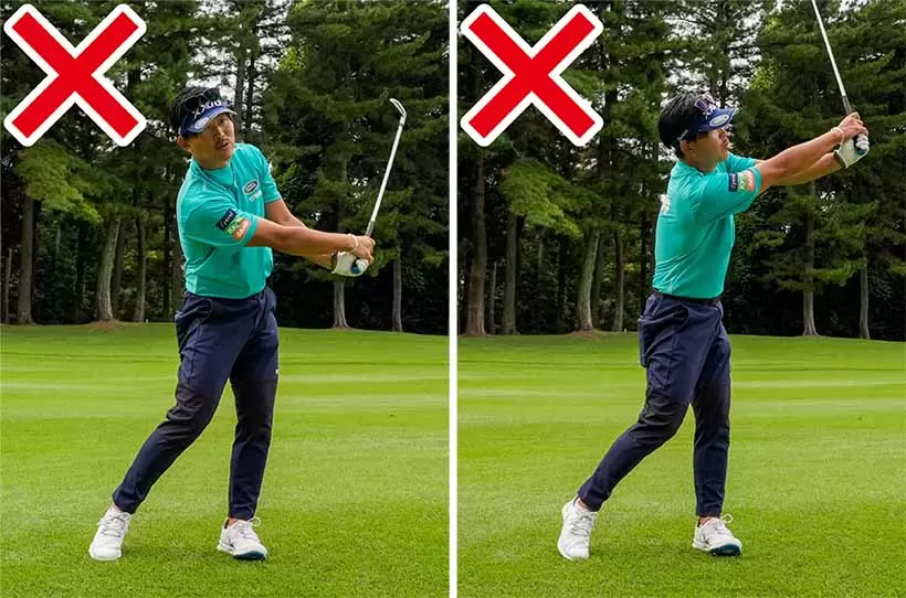 手をリリースして手をこねたり（左）手がカラダから離れたり（右）するのはNG。