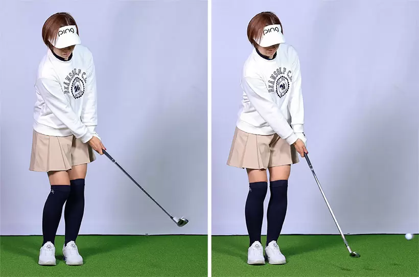 ヘッドが描く円弧が大きく、入射角が緩やかになるノーコックスタイルでは出球が低くなり、円弧が小さくヘッドが鋭角に入るリストコックスタイルでは出球が高くなる。