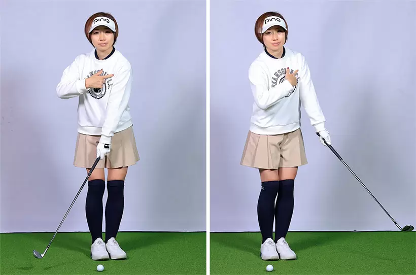 左肩を中心に肩からクラブヘッドまでを半径とする大きな円弧を描くイメージでストロークする。