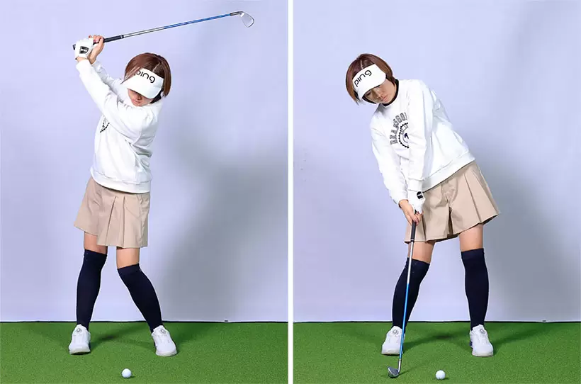 リバースピボットになるとダウンスイングからインパクトで体重が右に残りすぎるため、軸が右に傾いてすくい打ちになる。