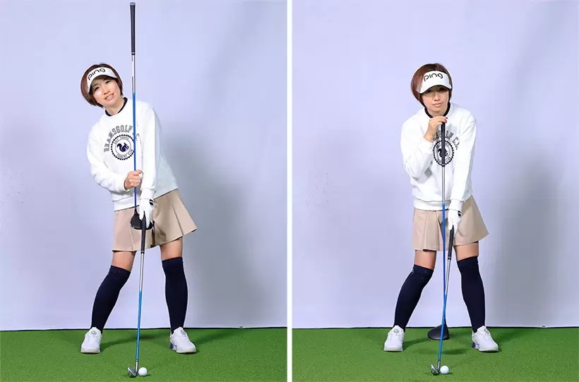 右足に体重が残ってすくい打ちになる場合、インパクトで頭が軸よりかなり右にある。この位置を修正すると体重を左に移せる。