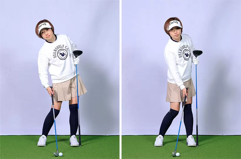 ダウンスイングで腰が左に流れている人はスタンス幅に腰を収める＝腰を回すことですくい打ちを防げる。