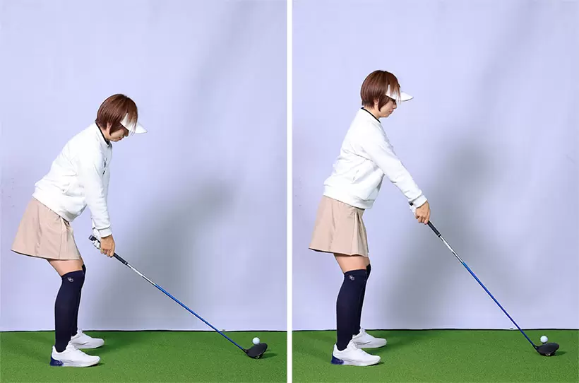 ハンドダウン、あるいはハンドアップすると構えが変わる。本来のアドレスと違って不自然な構えになるため必然的にスイングしづらくなる。