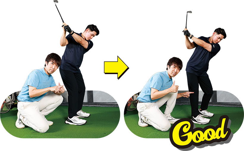 （写真左）ヒザも股関節もほとんど動かずに下半身が使えていない（写真右）左ヒザを前に出せば股関節も動いてくれる！