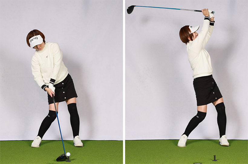 ダウンスイングで腰が左にスウェイすると同時に上体が右に倒れて明治の大砲になっていたら改善すべき。